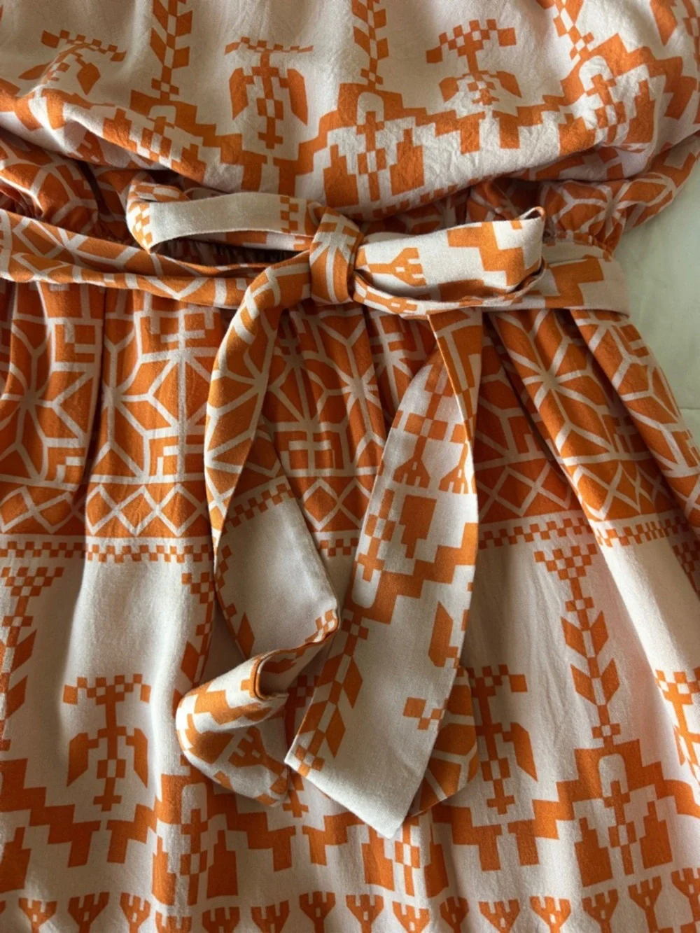 Orange Geometric Print Halter Neck Tiered BTFBM Mini Dress Tie Waist Lined Large - Picture 3 of 10